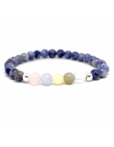 Pulsera elástica signo zodiaco cáncer montada en minerales de 6 mm, con 5 bolas centrales representado a su número de la suerte