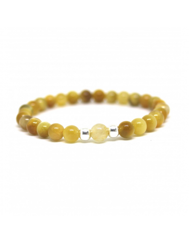 Pulsera elástica signo zodiaco geminis montada en minerales de 6 mm, con 3 bolas centrales representado a su número de la suert